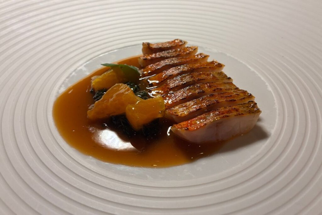 Mandarin Grill + Bar restaurant review grilled red mullet, shiso puree, and smoked mandarin confit